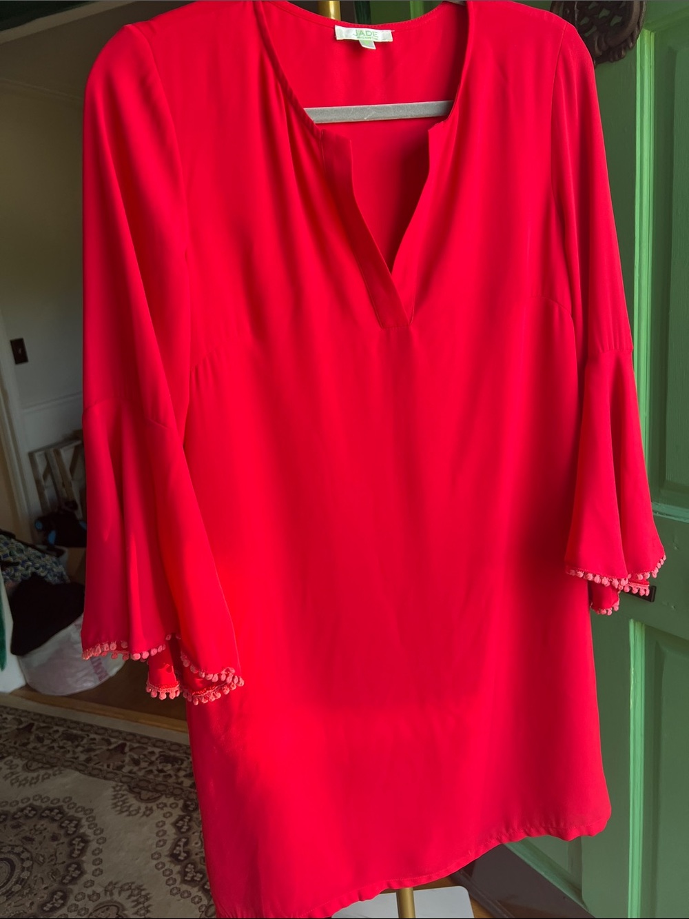 Jade Melody Tam Bright Red V-Neck Bell Sleeve dress with Pom Trim🔥size Medium